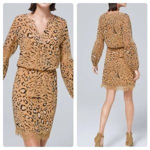 WHITE HOUSE BLACK MARKET Dress, Tan Cheetah Animal Print Lace Long Sleeve, 0